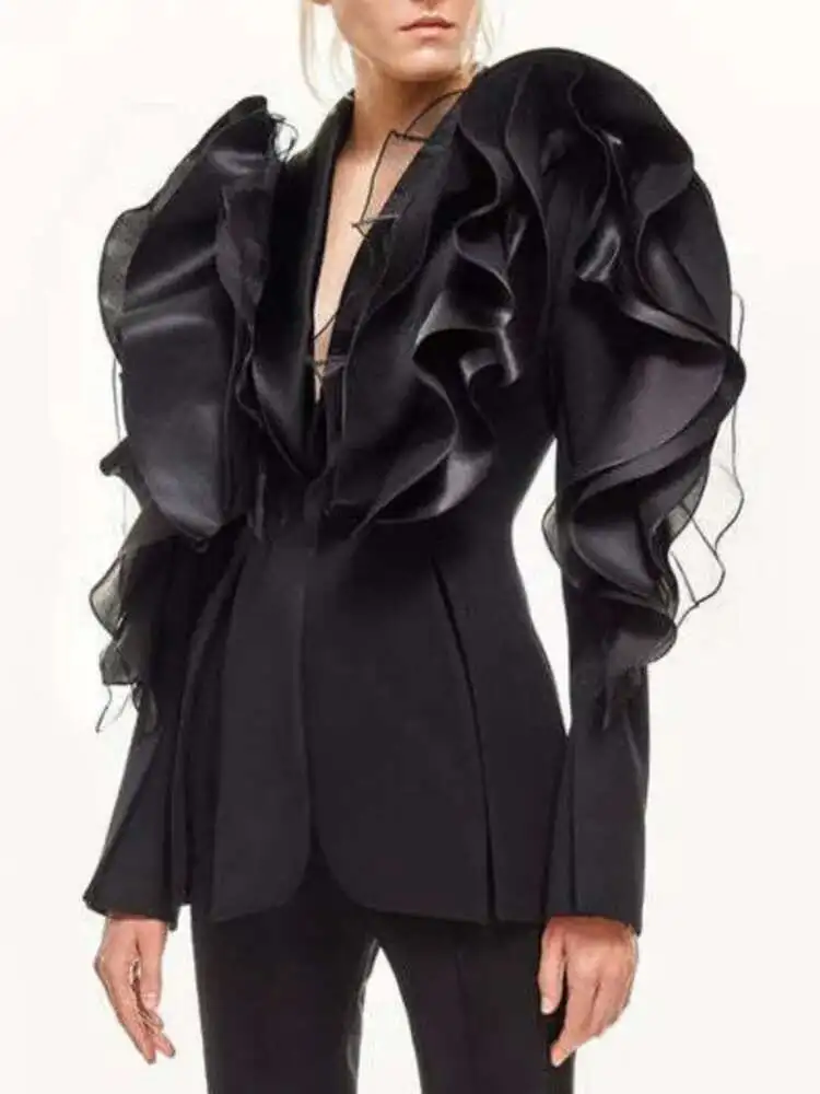 KWTX Blazer con design a volant in rete Giacche da donna con vestibilità in vita raccolta Marea Cappotti femminili Temperamento Abbigliamento 2025 Primavera Nuovo