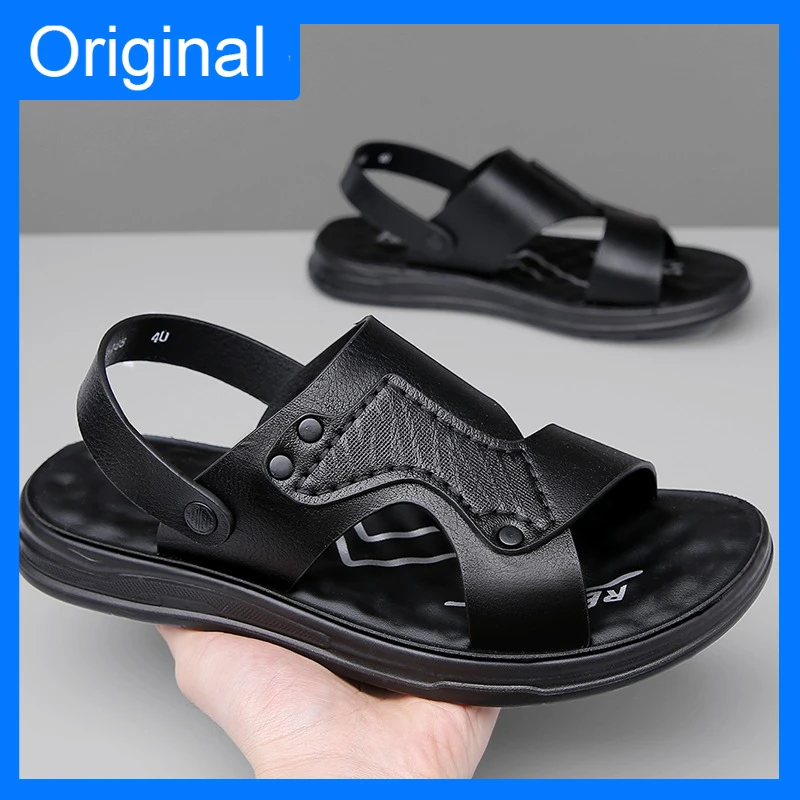 

Мужские сандалии: Новые летние классические пляжные шлепанцы больших размеров с защитой от скольжения, молодежные, для активного отдыха, два способа ношения, с открытым носком, из мягкой кожи
