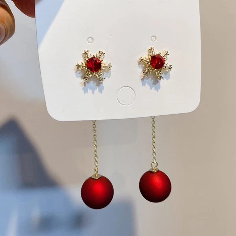 Fashion Red Christmas Stud Earrings for Women Xmas Snowflake Bowknot Bell Ball Dangle Pendientes Party New Year Gift Jewelry