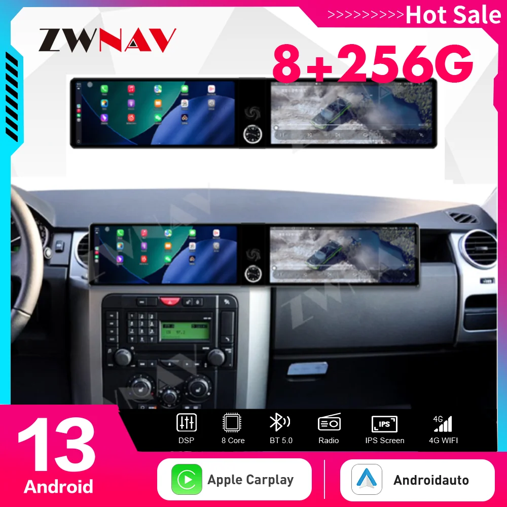 

Двойной экран 12,3 дюйма Qualcomm для Land Rover Discovery 3 2004-2009 Android 13, автомобильный радиоприемник, мультимедийный плеер, GPS-навигация