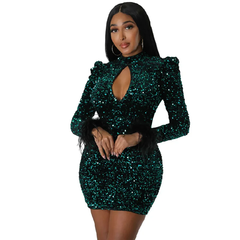 Jesienno-zimowa damska modna solidna kolorowe cekiny z długim rękawem i plecless seksowne wycięte do klubu na imprezę szczupłe dopasowana sukienka