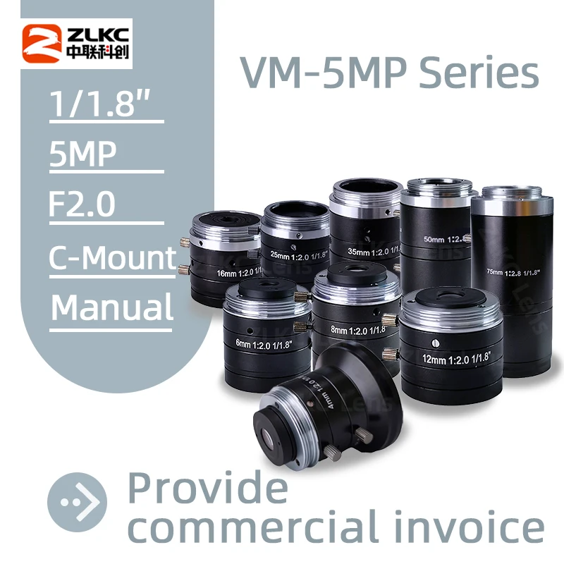 ZLKC C 마운트 수동 아이리스 머신 비전 FA 렌즈, 고정 초점 F2.0, 1/1.8 인치, 5MP, 75mm, 4mm, 6mm, 8mm, 12mm-50mm