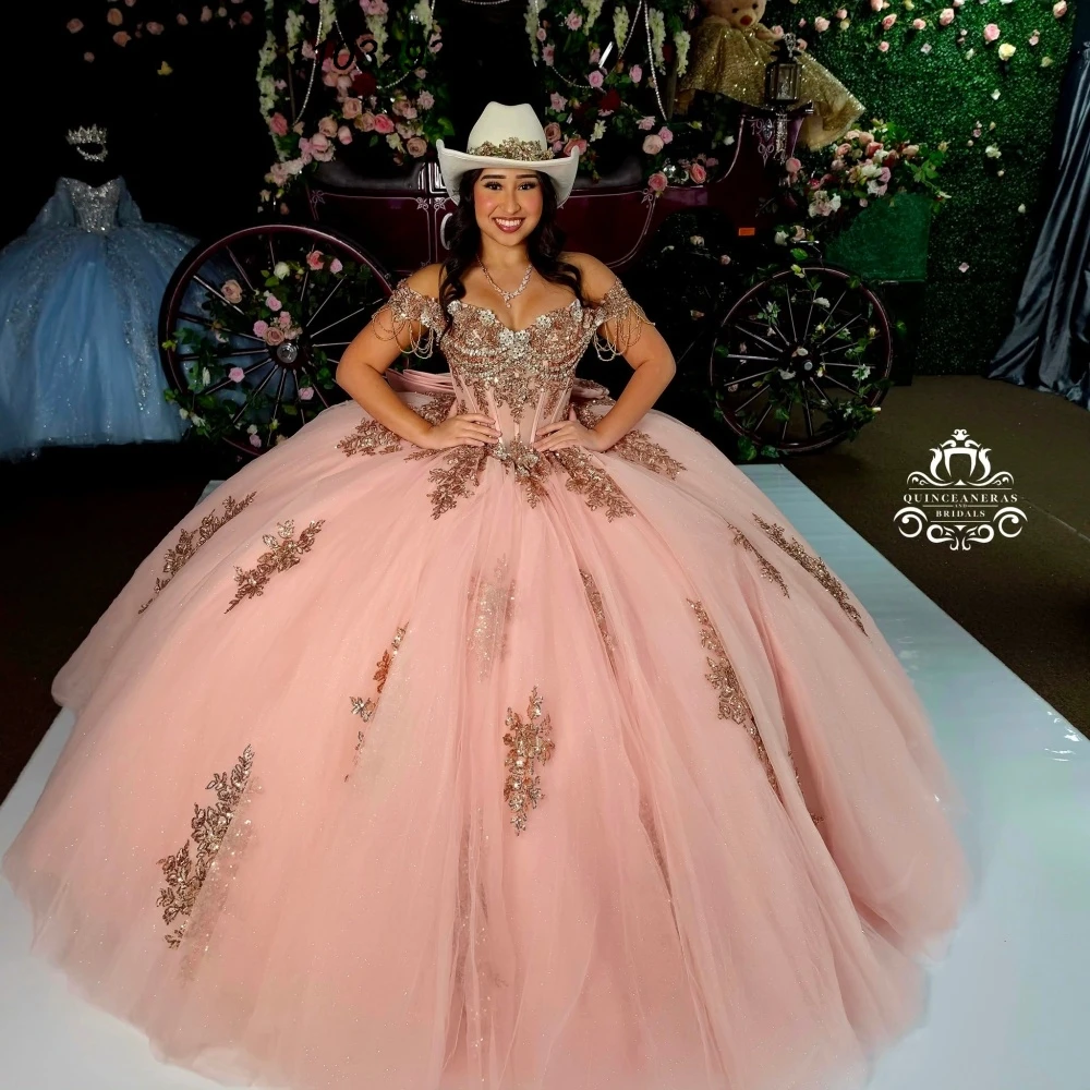 

EVLAST Customized Luxury Pink Quinceanera Dress Ball Gown Gold Lace Applique Beading Corset Sweet 16 Vestidos De 15 Anos AQ340