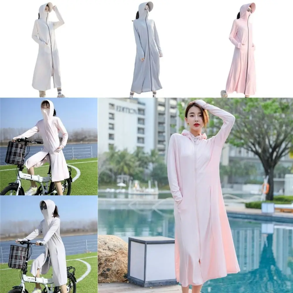 Bequemer Eis Seide Sonnenschutz langer Mantel Kapuze atmungsaktive Sonnencreme lange Jacke Hut schnell trocknen Anti-UV-Kleid Sommer