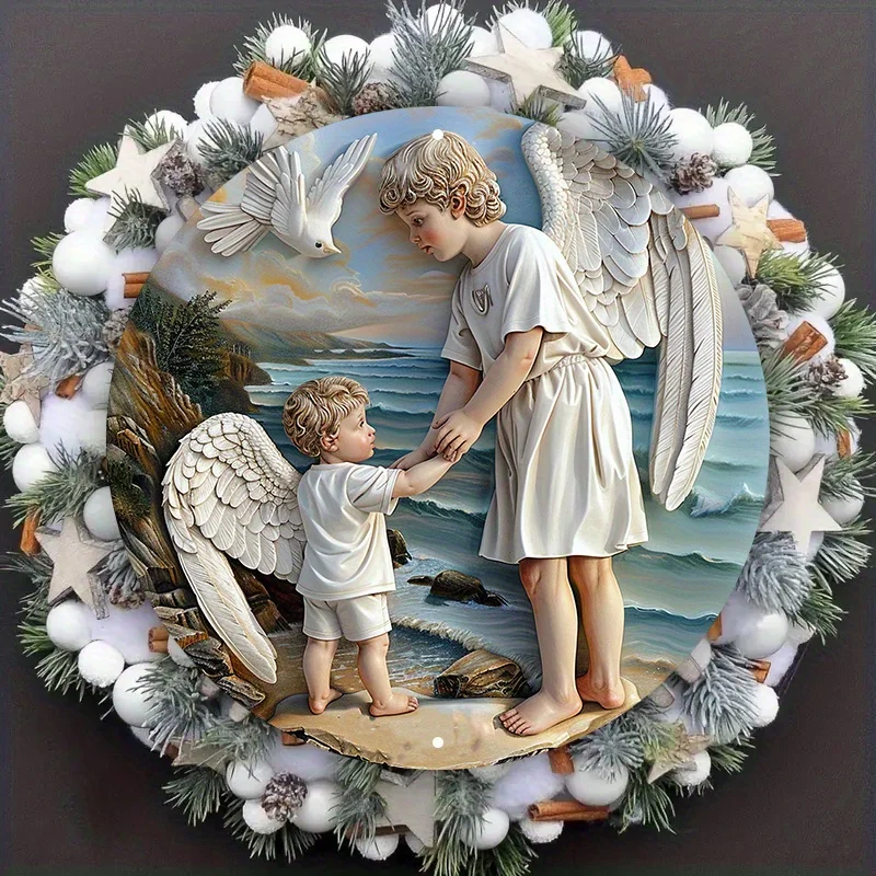 

Waterproof Angel Metal Wall Art Decor, Aluminum Sign, Weather-Resistant Circular Wreath Design, Home and Garden Decoration