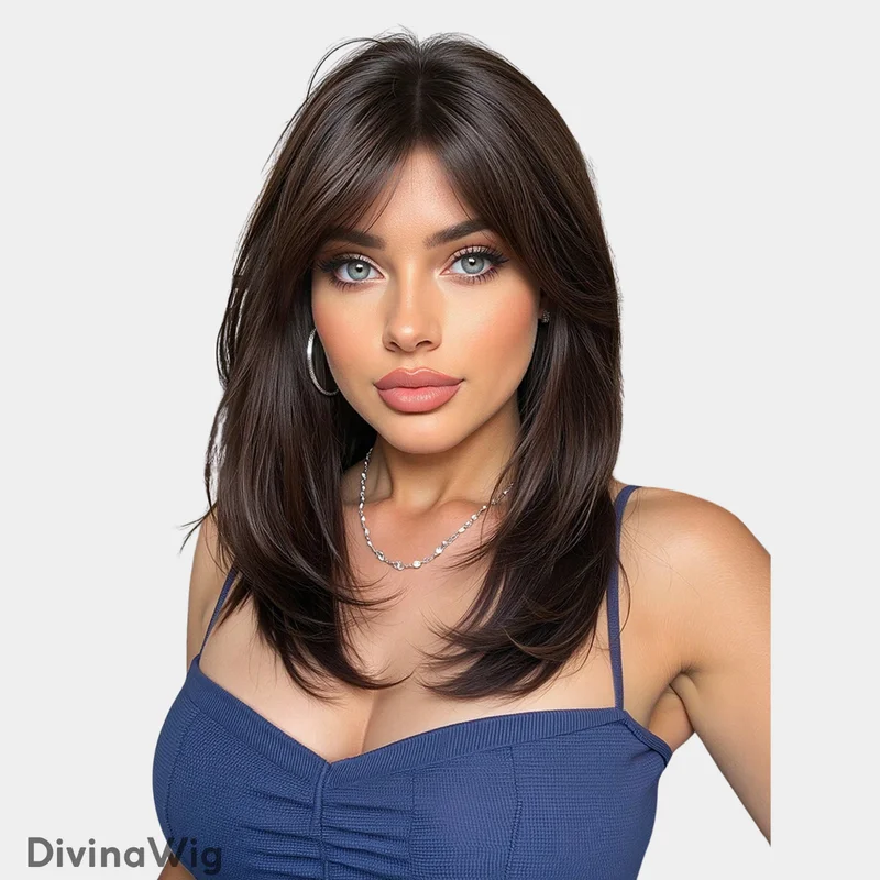 18 Inch Dark Brown Straight Layered Wig with Bangs Synthetic Hair Wig