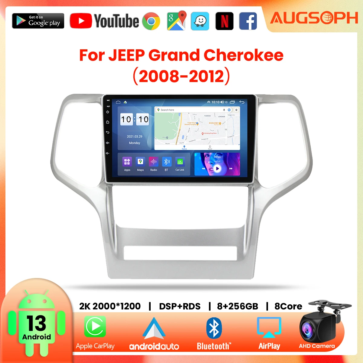 

Автомобильный радиоприемник Android 13 для JEEP Grand Cherokee 2008-2012, 9 дюймов, 2K, мультимедийный плеер с 4G Car Carplay и 2Din GPS