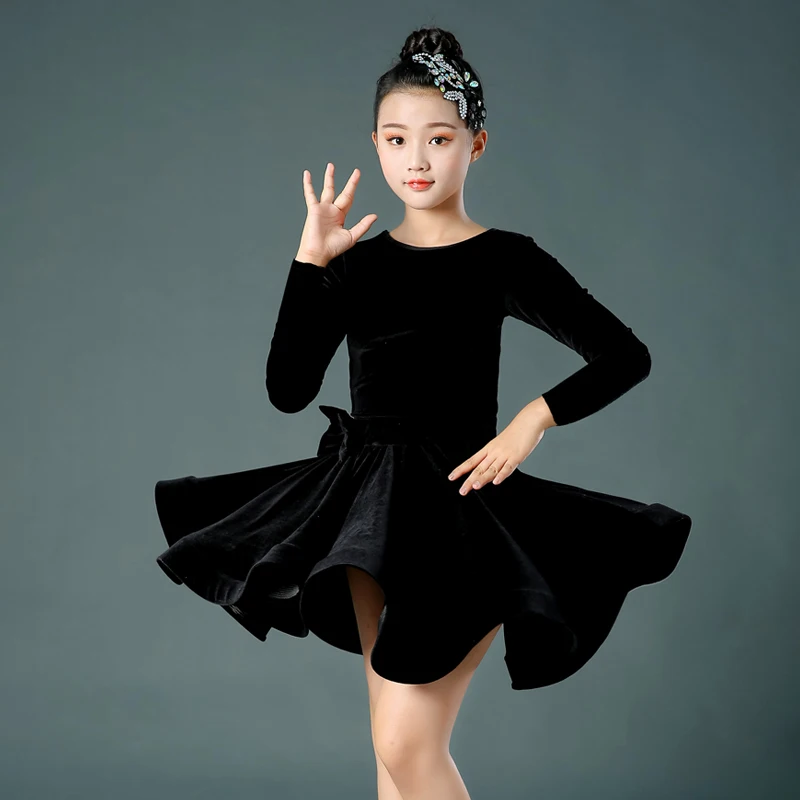 Vestido de baile latino para niños, Vestido de manga larga para actuaciones en escenario, vestido de entrenamiento de competición para niñas, Vestidos para mujeres