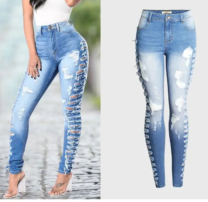 Mulheres Multi-buraco Stretch Skinny Jeans, Calças Lápis Perna Pequena, Calças Mendigo