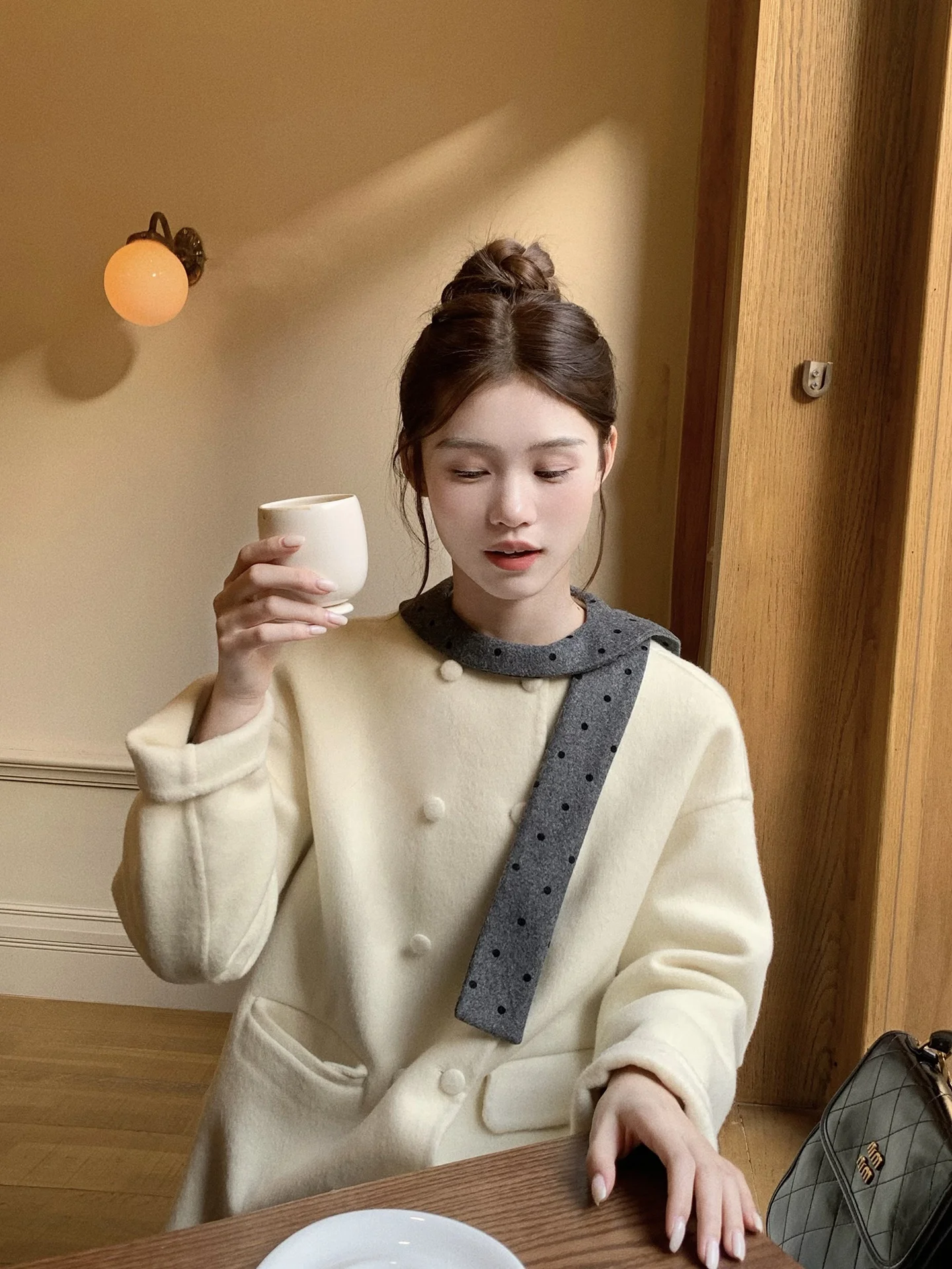 

Peacola Double-Faced Woolen Coat with Scarf Collar Loose Fit Women's Winter Faion High Waist Pleated Skirt Commute Sle