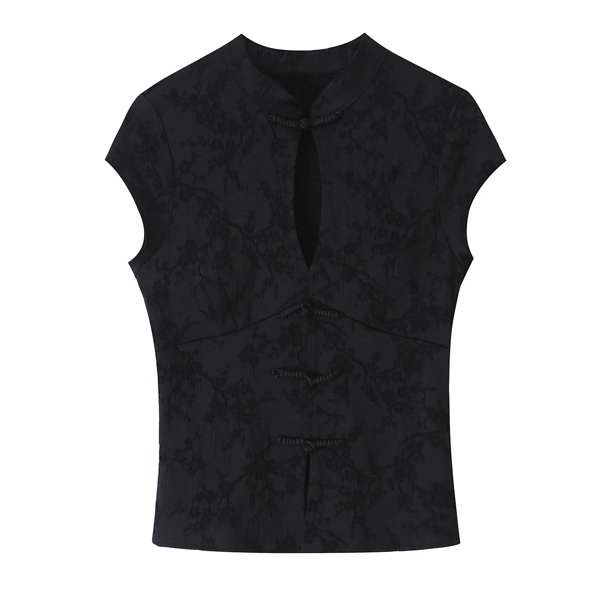 BSAY Vintage Neue Chinesische Damen-Bluse mit Jacquard-Muster, Stehkragen, Froschknöpfen, Schlüssellochausschnitt, Kurzärmeln und Schmaler Passform für Casual-Looks – Detail 2