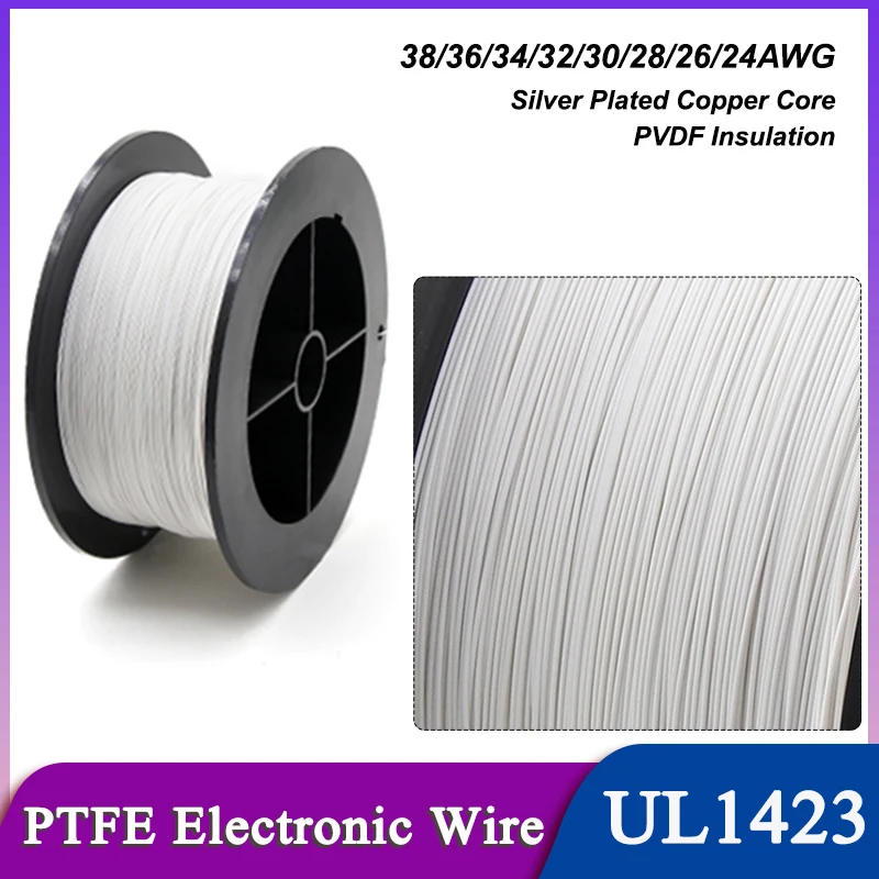 

5~500M White 36/34/30/28/26/24AWG UL1423 Micro Fine PTFE Wire High Temperature Silver Plated Copper Single Core Electronic Cable