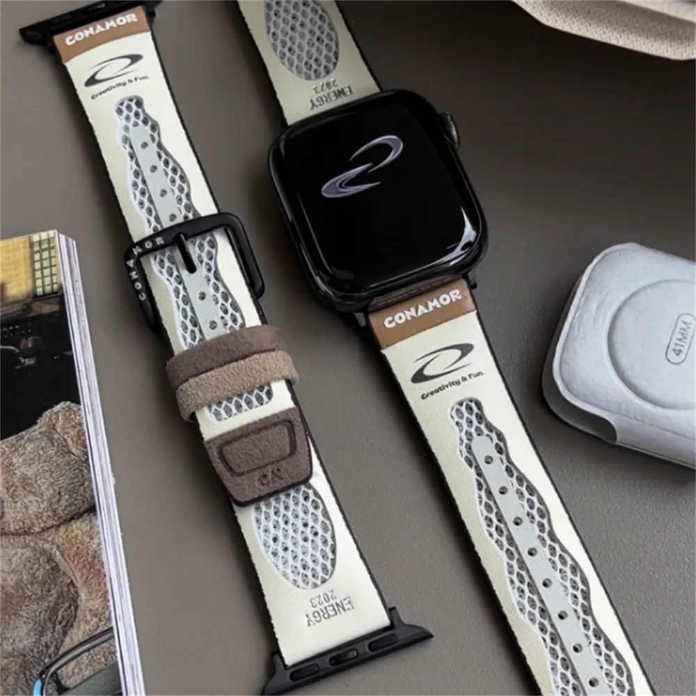 INS Breathable Genuine Leather Strap For Apple Watch 8 7 6 5 4 3 2 SE Ultra Cool Designer Band For iWatch 41 49 45 44 42 40 38mm