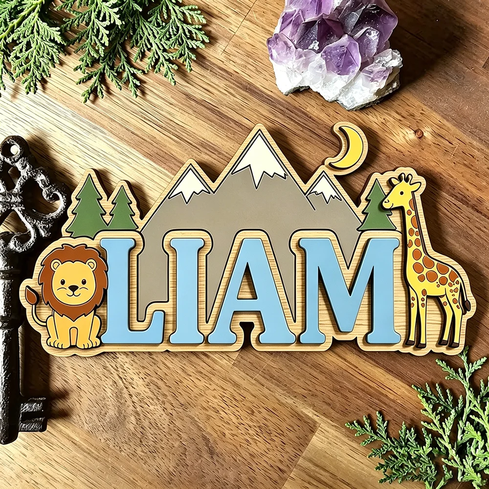 Custom Safari Lion & Giraffe Kids Name Sign for The Dearest Baby, Cute Mountain Moon Themed Nursery Door Plaque image 5