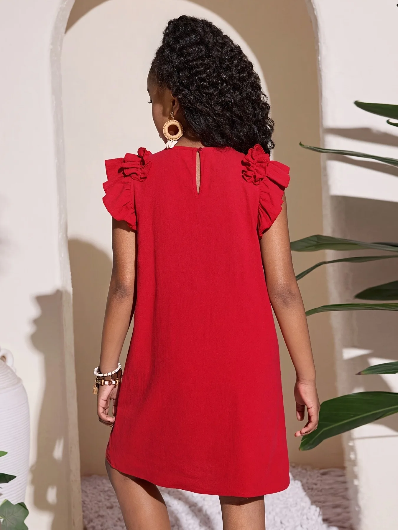 Girls Solid Red Ruffle Sleeveless A‑Line Dress Casual Loose Summer 1‑Piece Holiday Outfit