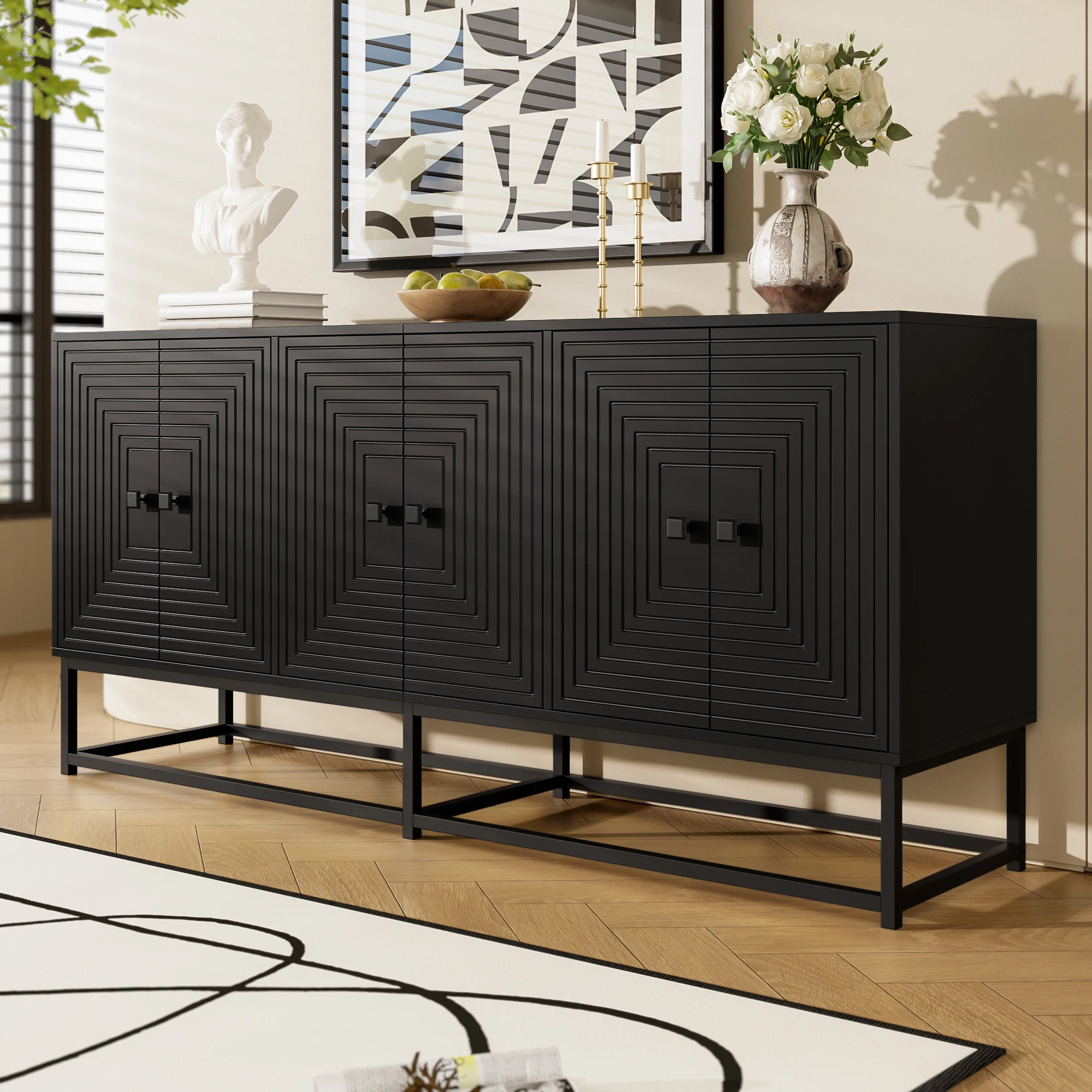 Matt schwarzer Sideboard Schrank mit drei Doppeltüren, geräumiger Aufbewahrungsschrank mit viel Stauraum, modernes Möbelstück für Esszimmer Wohnzimmer Arbeitszimmer, praktischer Organisationsschrank