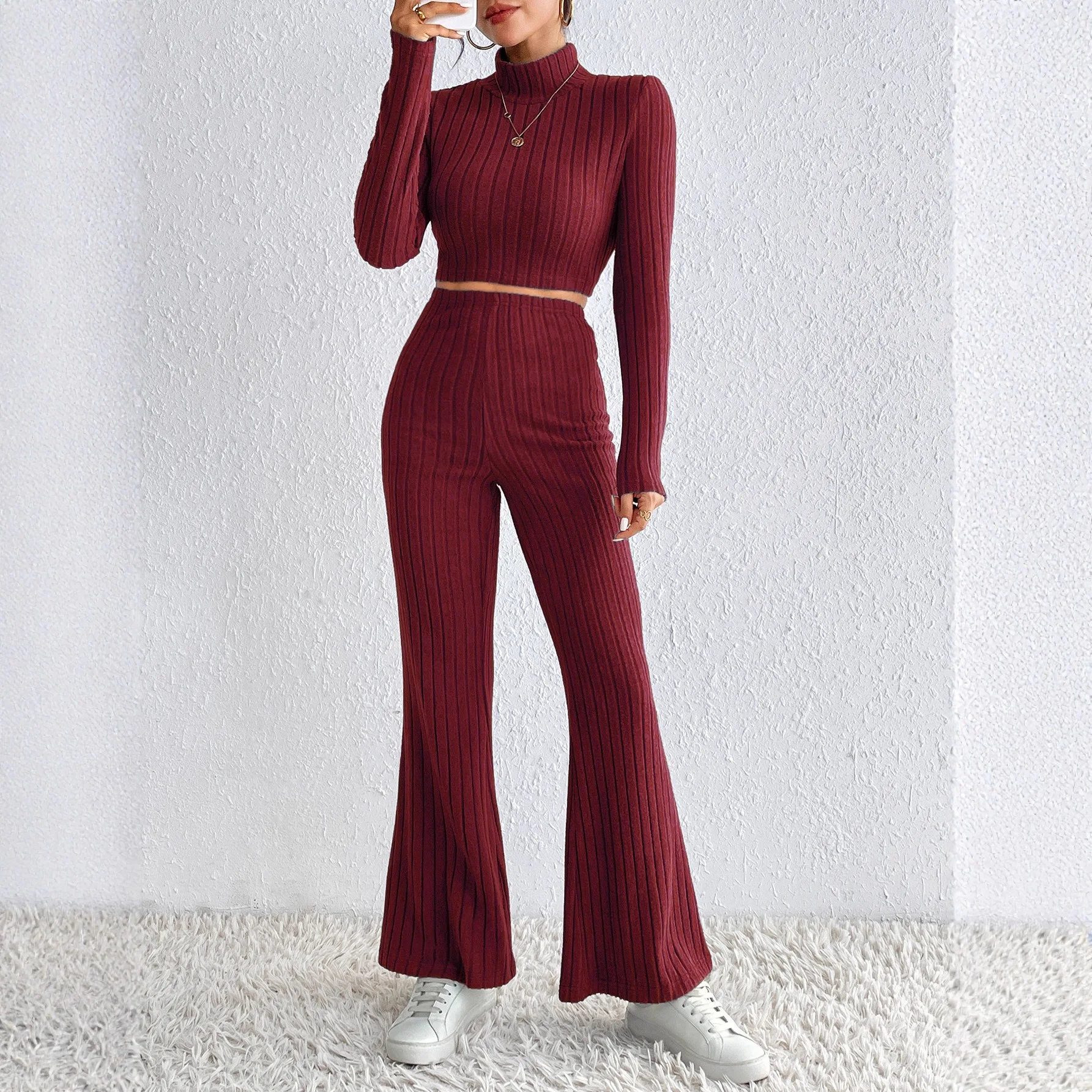 New Tight-fitting Fashionable Solid Color Suit With Long Sleeves, Half-high Collar Knit Top And Long Pants For Women Elegant