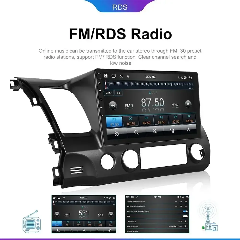 For 2006-2011 Honda Civic Android 13 In-Car Navigation System 10in Built-in with CarPlay+Android Auto/4+64GB - Left-Hand Drive