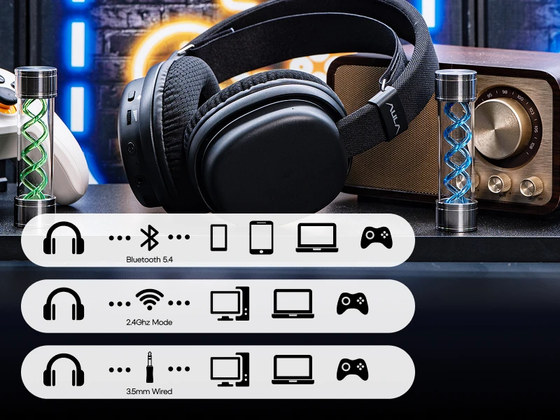 AULA G7 Kabelloser Gaming-Kopfhörer mit Kabel/BT/2,4 GHz und abnehmbarem Mikrofon mit Geräuschunterdrückung, RGB-Beleuchtung für PS4/PS5/PC/Switch – Detail 2