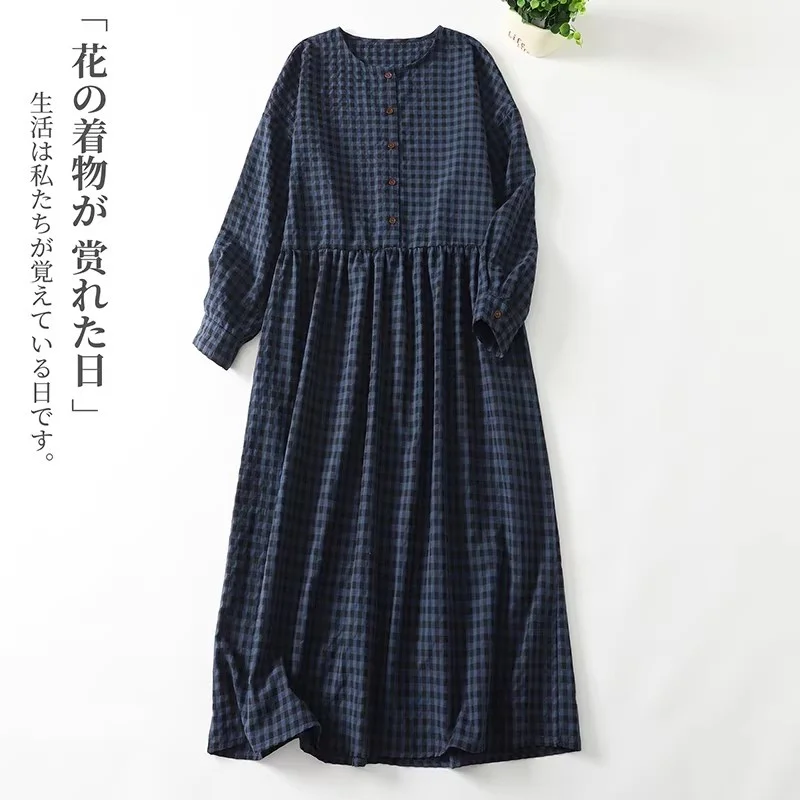 

Японское клетчатое платье с длинными рукавами в стиле ретро для женщин - весенне-осеннее повседневное свободное платье-туника с круглым вырезом W2038