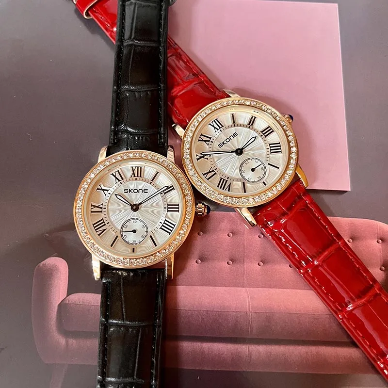 SKONE Blue balloon round fashion retro trend belt with high-end feel diamond inlaid versatile quartz watch for women