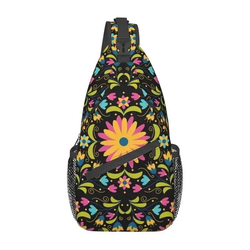 Mexican Otomi Embroidery Pattern Sling Bag For Travel Hiking Men's Mexico Flower Art Crossbody Chest Backpack Shoulder Daypack