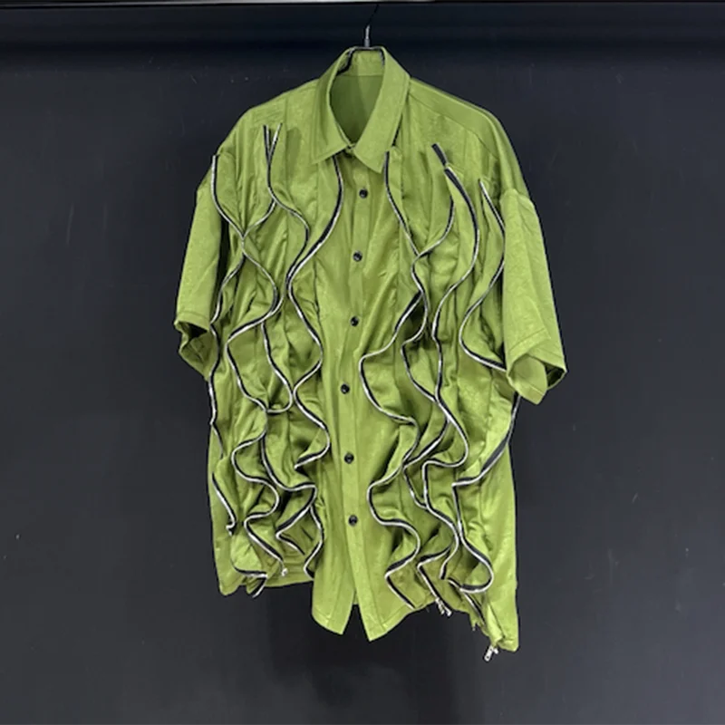 PFHQ Green Short Sleeved Multi Zipper Short Sleeved Top Summer New Slimming Thin 2024 Solid Color Male Tops 21Z5337