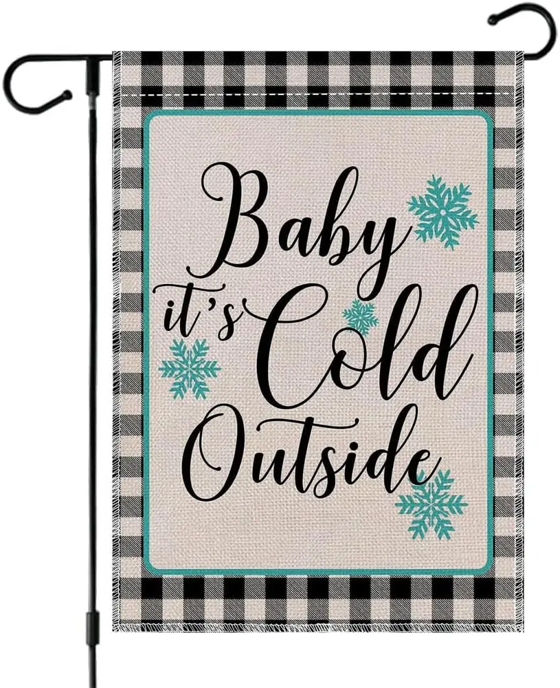 Hello Winter Baby It is Cold Outside Garden Flag 12x18 inches, Fome Outdoor Yard Black and White Plaid Snowman Blue Truck Garden