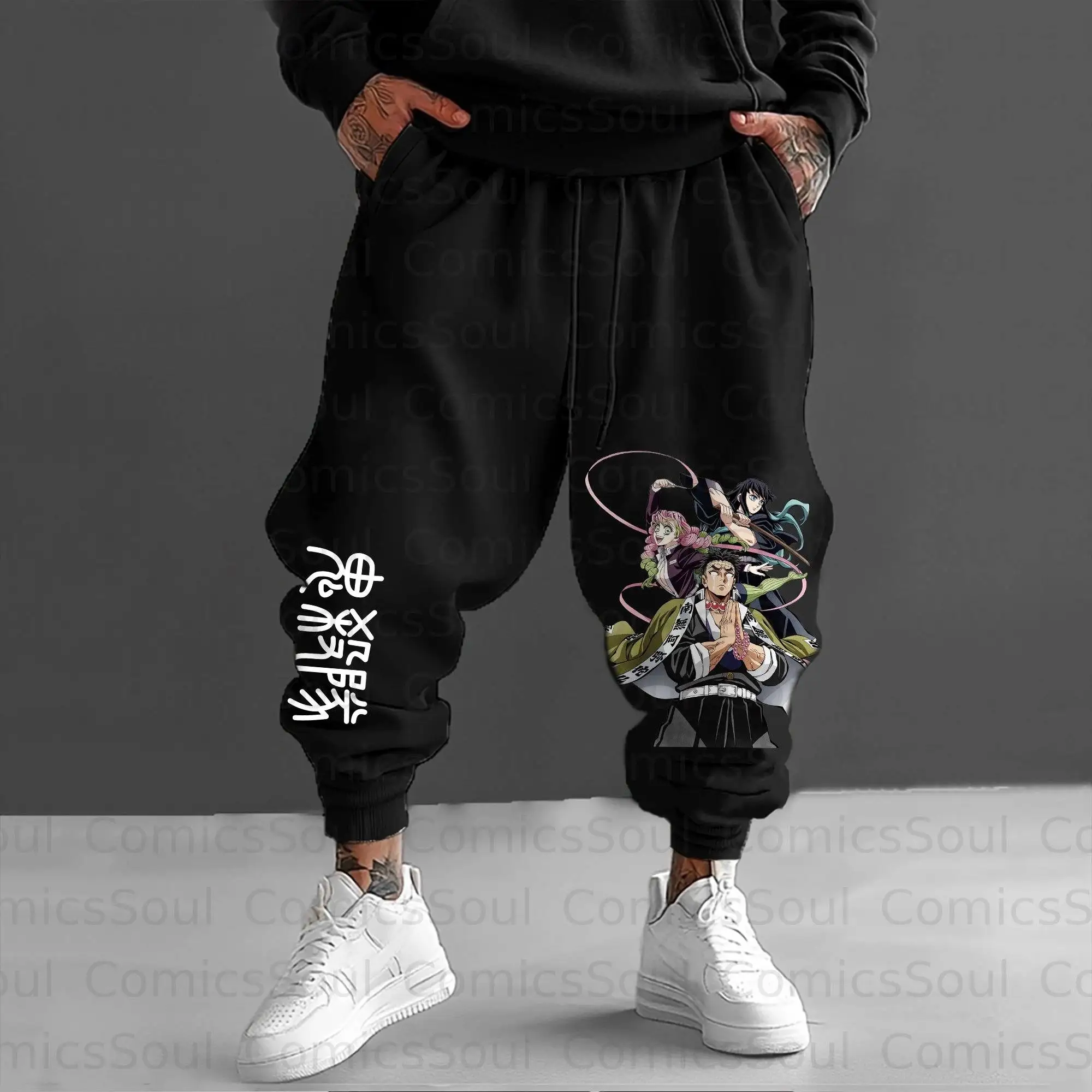 Black Kimetsu No Yaiba Hoodie Set with Main Characters Back Print Pink Ribbon Design Sleeve Japanese Text Pattern Two Piece