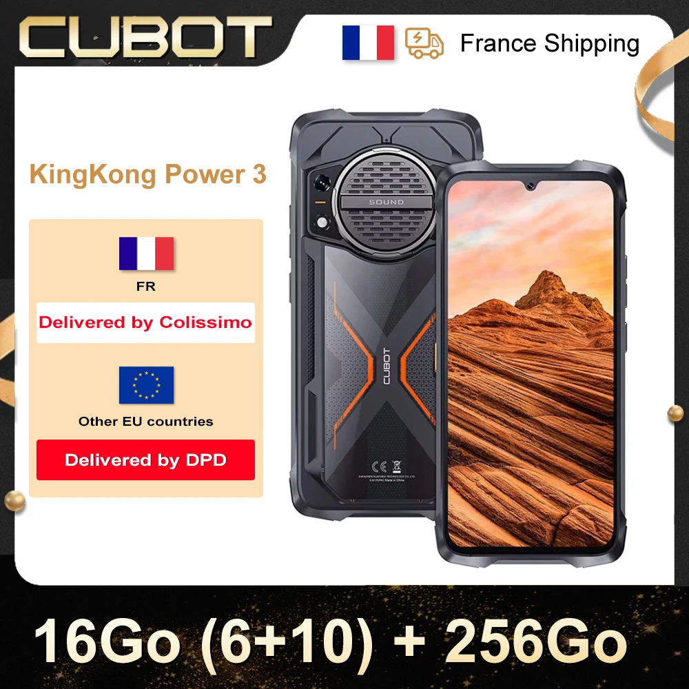 Cubot KingKong Power 3, batterie 10200 mAh 16(6 + 10) Go + 256 Go Smartphone robuste Android, haut-parleur 123 dB, Helio G99, cran 120 Hz 6,72