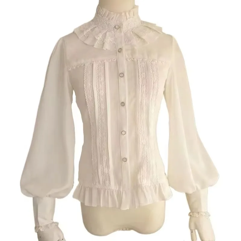 Chiffon Lace Shirt Ruffle Jacquard Long Sleeves Lolita Women Sweet Button Up Tops Blouse  Shirt Costume Shirt
