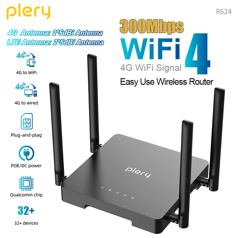 

Plery CAT4 WIFI4 4G Router 300Mbps LTE Routers Type-C/DC Power Wireless Router 4*5dBi Antennas Nano SIM Card 4G To Wired/WIFI