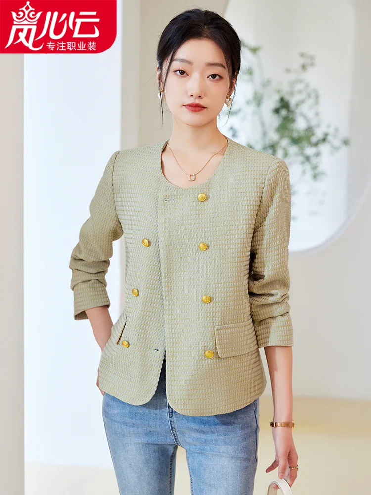 Elegant Lady Double Breasted Style Suit Vintage Coat Small Plaid Early Spring2024New French Short