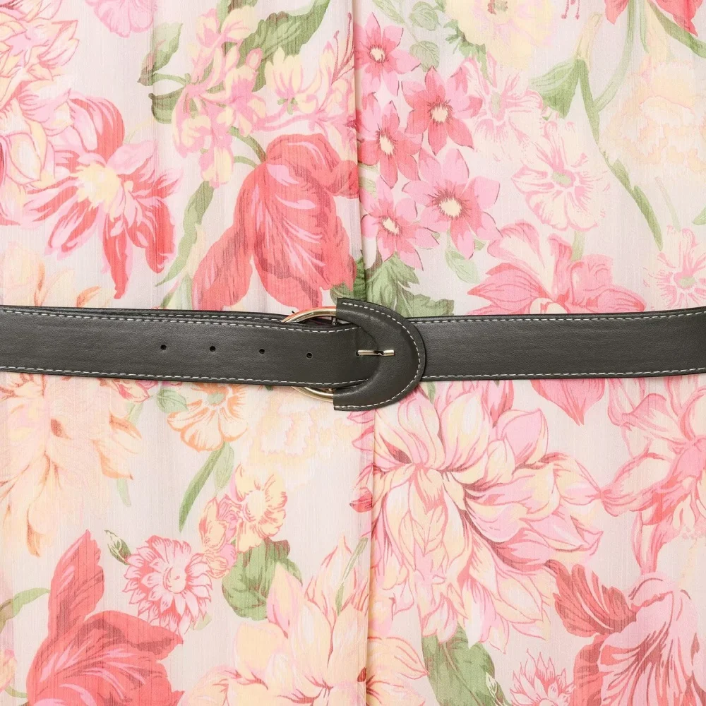 スタンドカラーのノースリーブとウエストストラップ付きのプリント柄ゆったりワンピース、夏の新作レディースファッションロングスカート