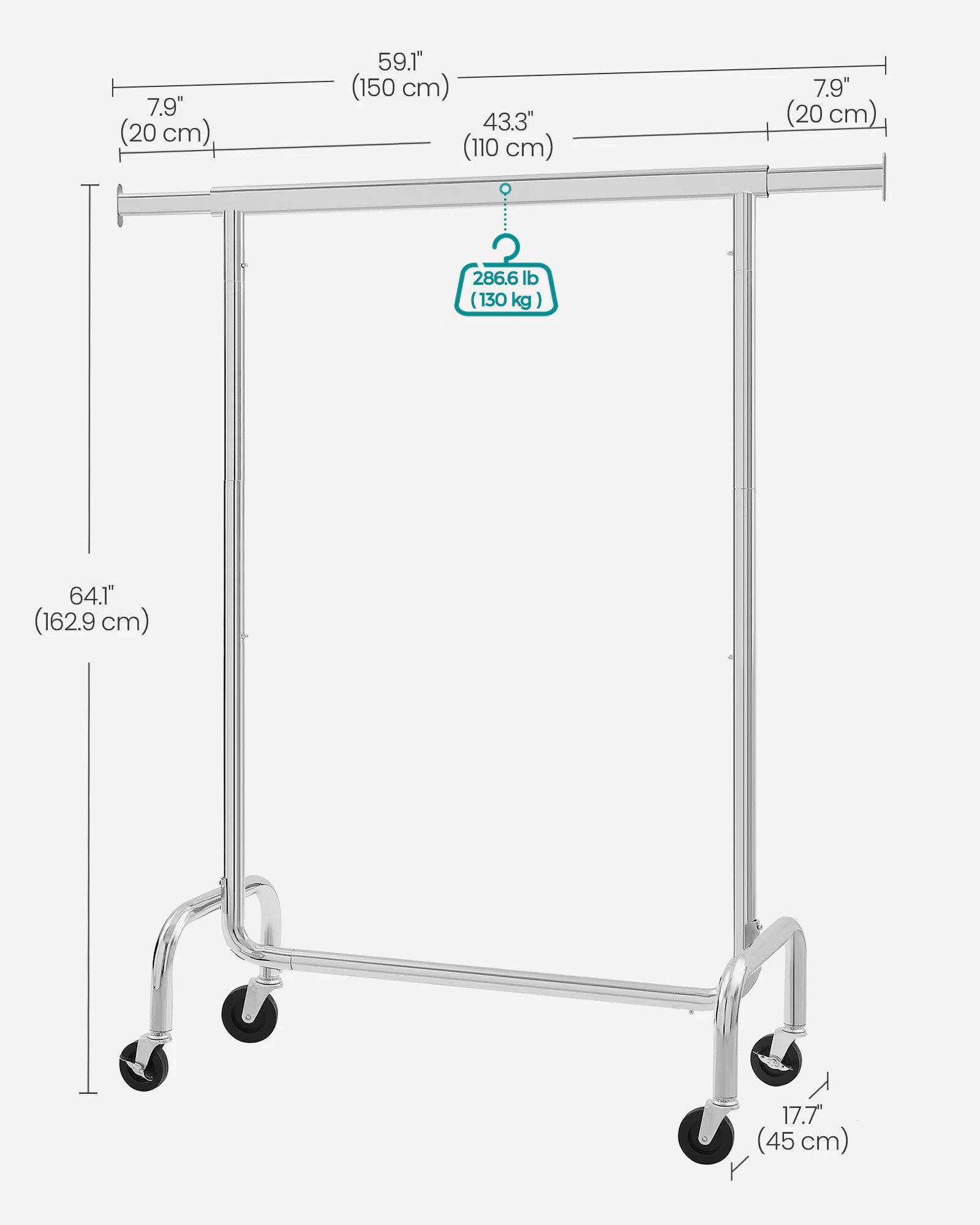 SONGMICS Clothes Rack with Wheels, Heavy-Duty Garment Rack with Extendable Rod, 286.6 lb Load Capacity