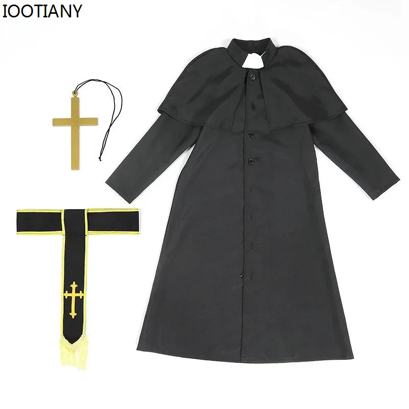 IOOTIANY 소년을위한 할로윈 의상 어린이 종교 목사 아버지 사제 의상 판타지아 코스프레 의류