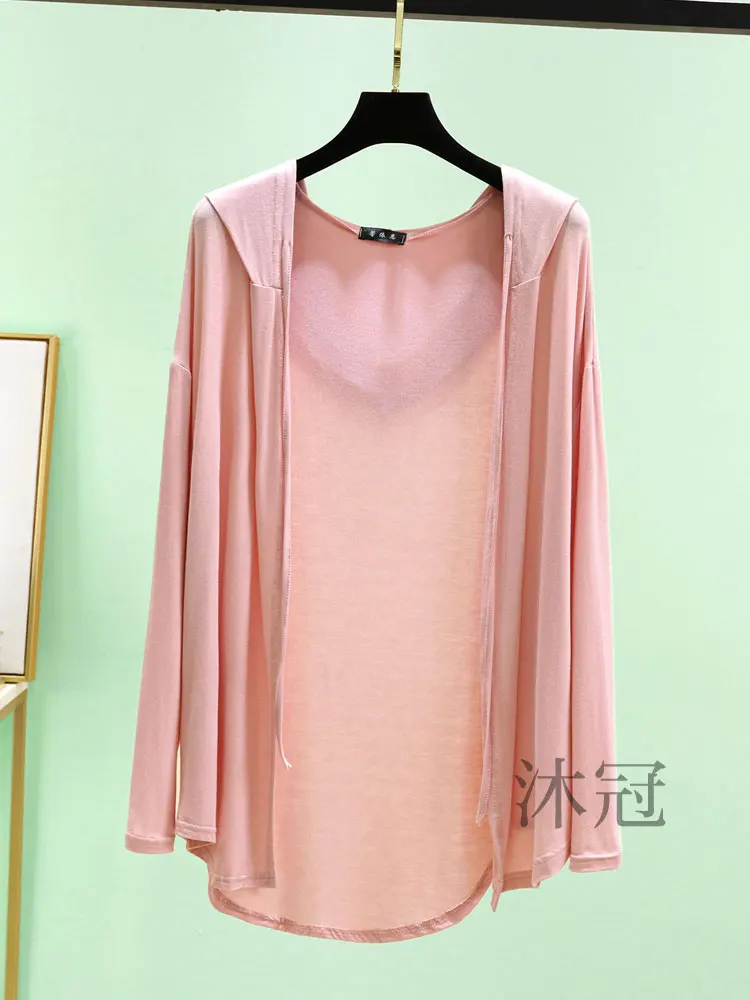

Women's Long Sve Hooded Open Cardigan Summer Modal Loose plus Size Sun Protection Air Conditioning irt Medium Length Thi...