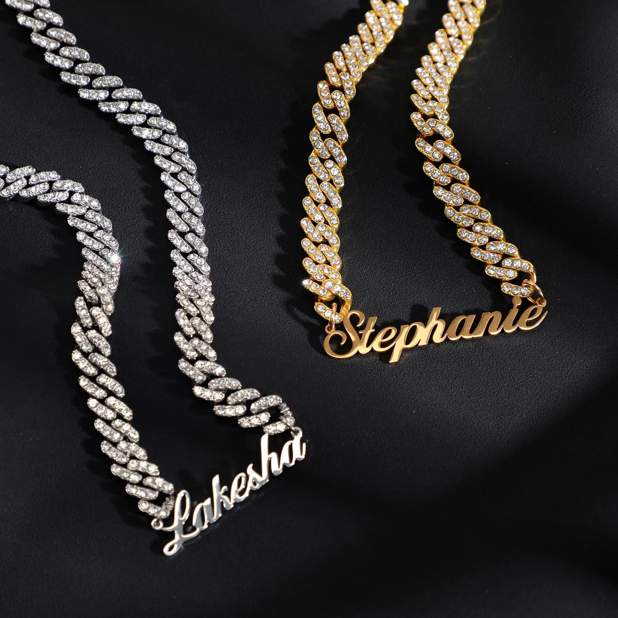 Custom Name 18K Gold Plate Custom Rhinestone Name Necklace Silver & Gold Bling Chain Waterproof Luxury Jewelry Gift for Men