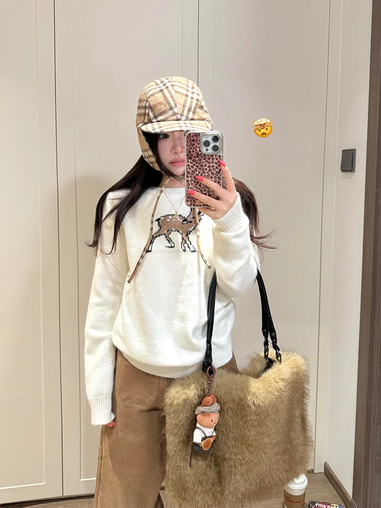 Olhar cervo branco bordado redondo ne pulôver malhas feminino outono inverno solto doce sle coreano faion topo