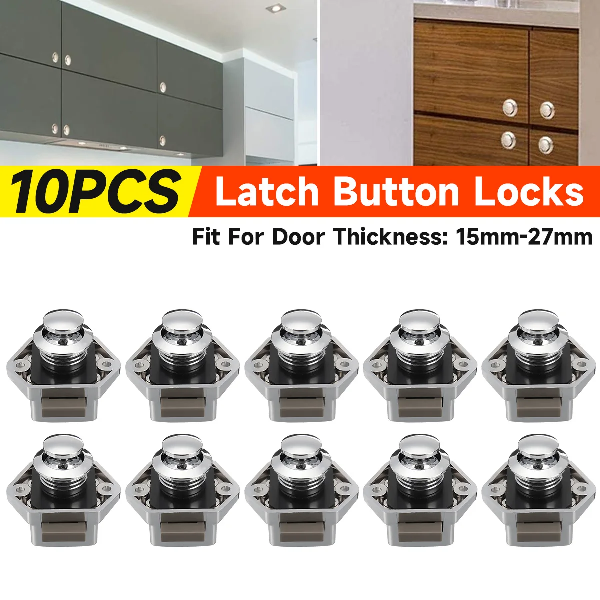 10/1Pcs Push Button Keyless Lock Latch Button Locks Cupboard Caravan for RV Drawer Cabinet Doors Thickness 15-27mm