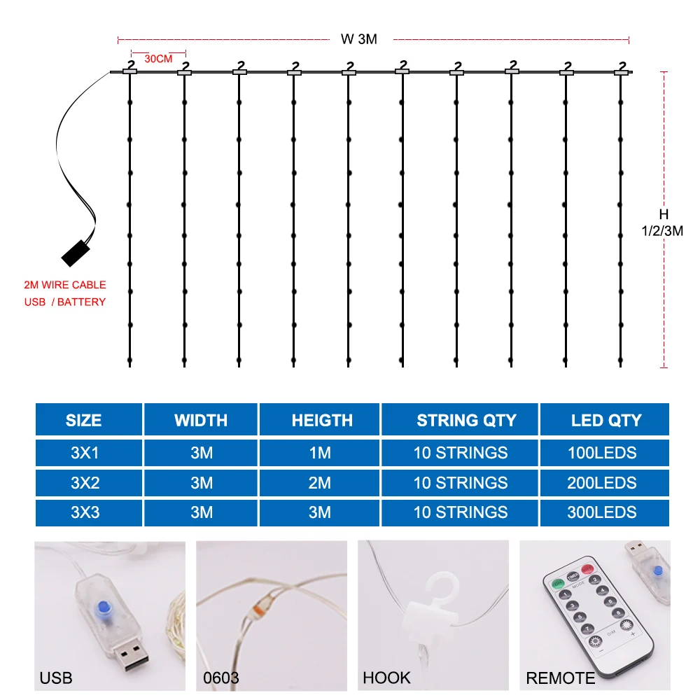 3M LED String Curtain Lights With Hook USB Powered Remote Control Window Light Christmas Holiday Party Wedding Decoration