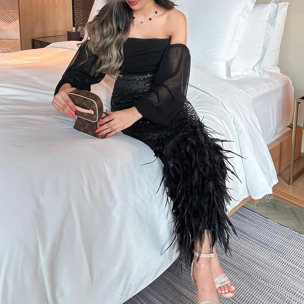 Customized Exquisite Sequined Feathers Strapless Ankle Length Straight Evening Dress Modern Chiffon Detachable Sleeve Gowns