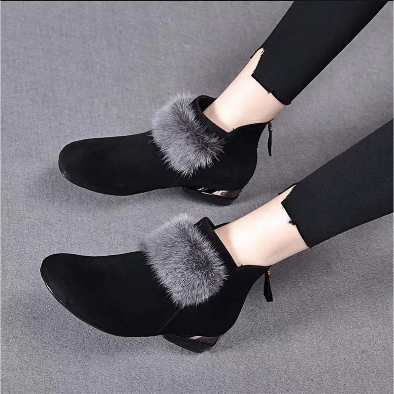 Shoes for Women 2024 Winter Plush Warm Women\'s Boots Low Heel Non-slip Commuter Office Ladies Shoes Fashion Zipper Short Boots