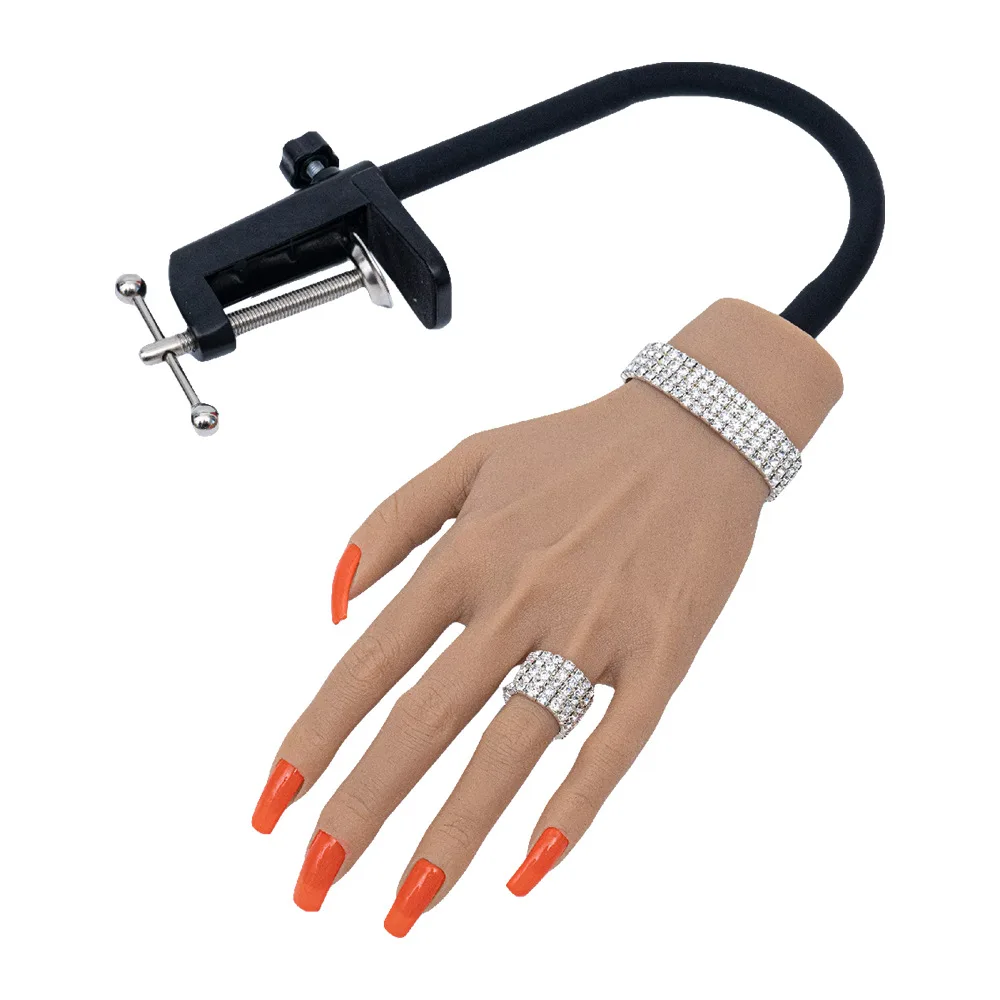 Silicone Practice Hand Lifelike Acrylic False Nail Art Mannequin Finger Training with Clip Holder for DIY Salon Artists