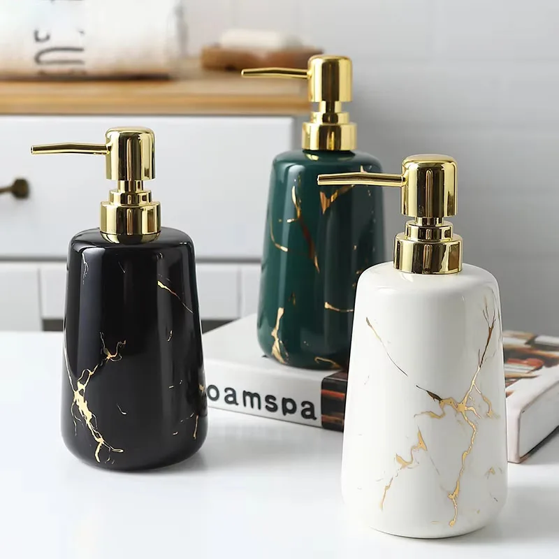 Golden Marble Texture Ceramic Portable Soap Dispenser Shampoo Bottle Hand Sanitizer Jar Bathroom Supplies 400ml Lotion Bottle