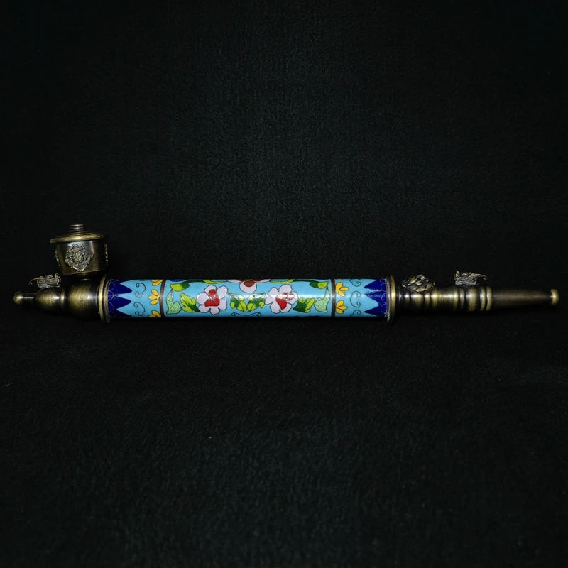 YIZHU CULTUER ART Size 37.5cm Chinese Brass Cloisonne Carving Inlay Dragon Lion Flower Tobacco PipeDecoration Collection