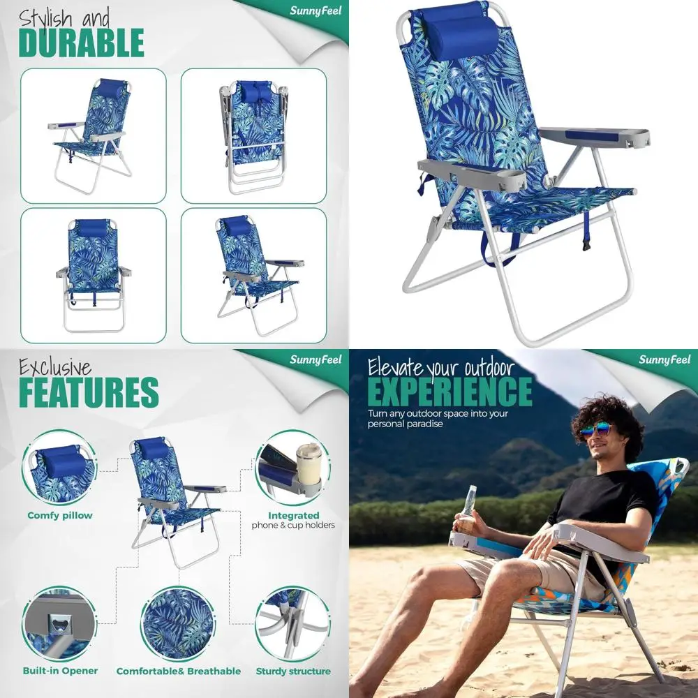 

Lightweight Tall Folding Beach Chair for Adults, 17 Sand-Resistant, 500 lbs Capacity, with Cup Holders, Ideal for Camping, Outdo