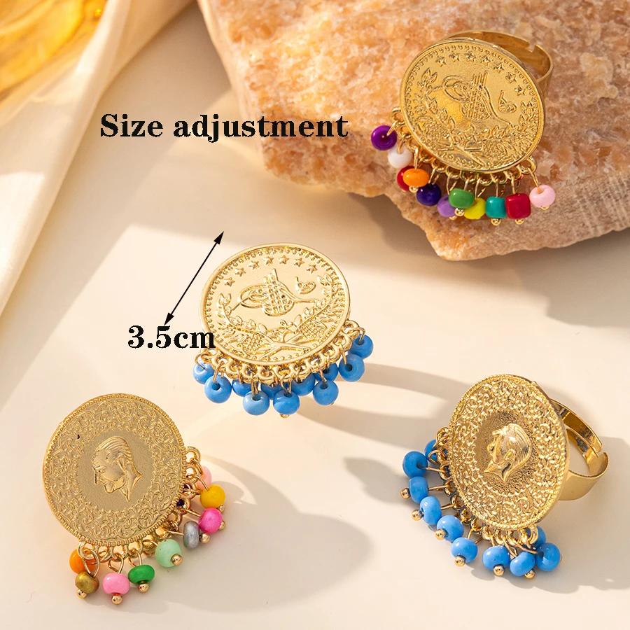 1PC Gold-Plated Adjustable Opening Ring for Women Turkish Kurdish Bride's Arab Totem Middle Eastern Wedding Festival Style