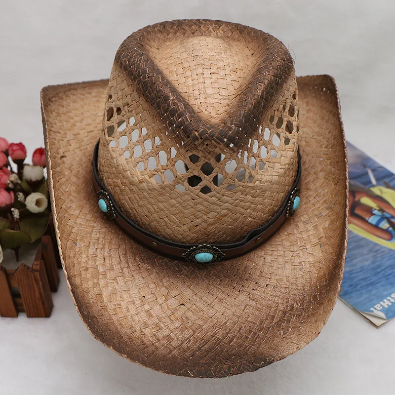 

Hand-woven Raffia Spray Paint Gem Belt Decoration Men And Women Western Cowboy Hat