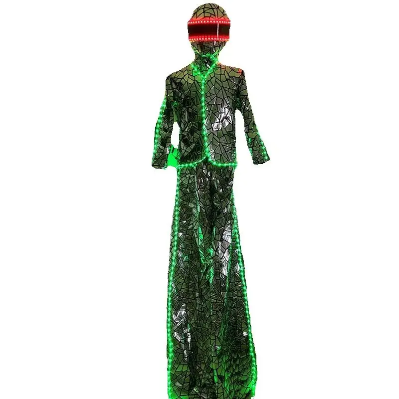 Silvery LED Stilts Walker Robot Costume Shiny Mirror Sequin Fabric Suits for Stage Performance Show Entertainment Cosplay